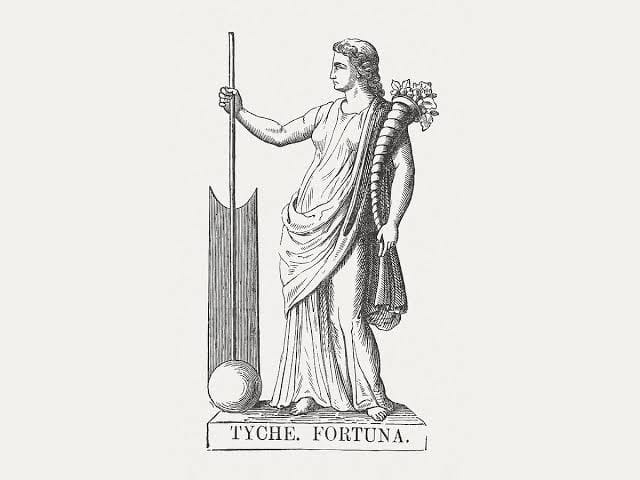 Engraving of Tyche Fortuna with rudder and cornucopia